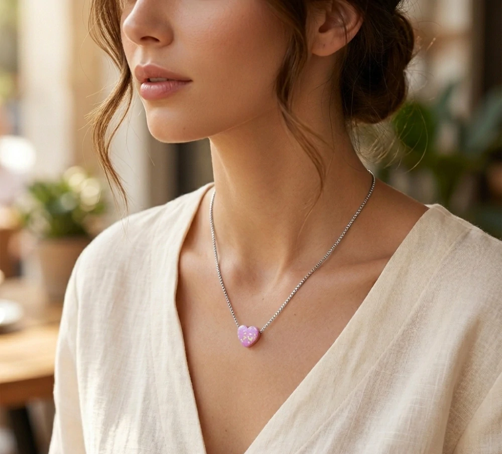 Šperky Nina - Stříbrný náhrdelník Růžové opálové srdce 925/1000 – minimalistický - nahr 501