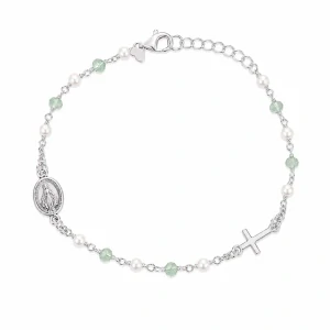 Šperky Nina – Stříbrný náramek Andělská ochrana s perličkami, korálky a medailkou (19 – 21 cm) 925/1000 - nar 534